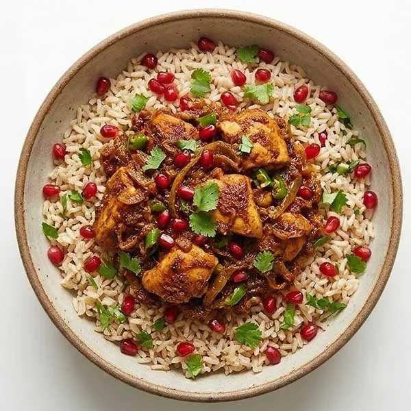 Tawa chicken masala with pomegranate brown rice
